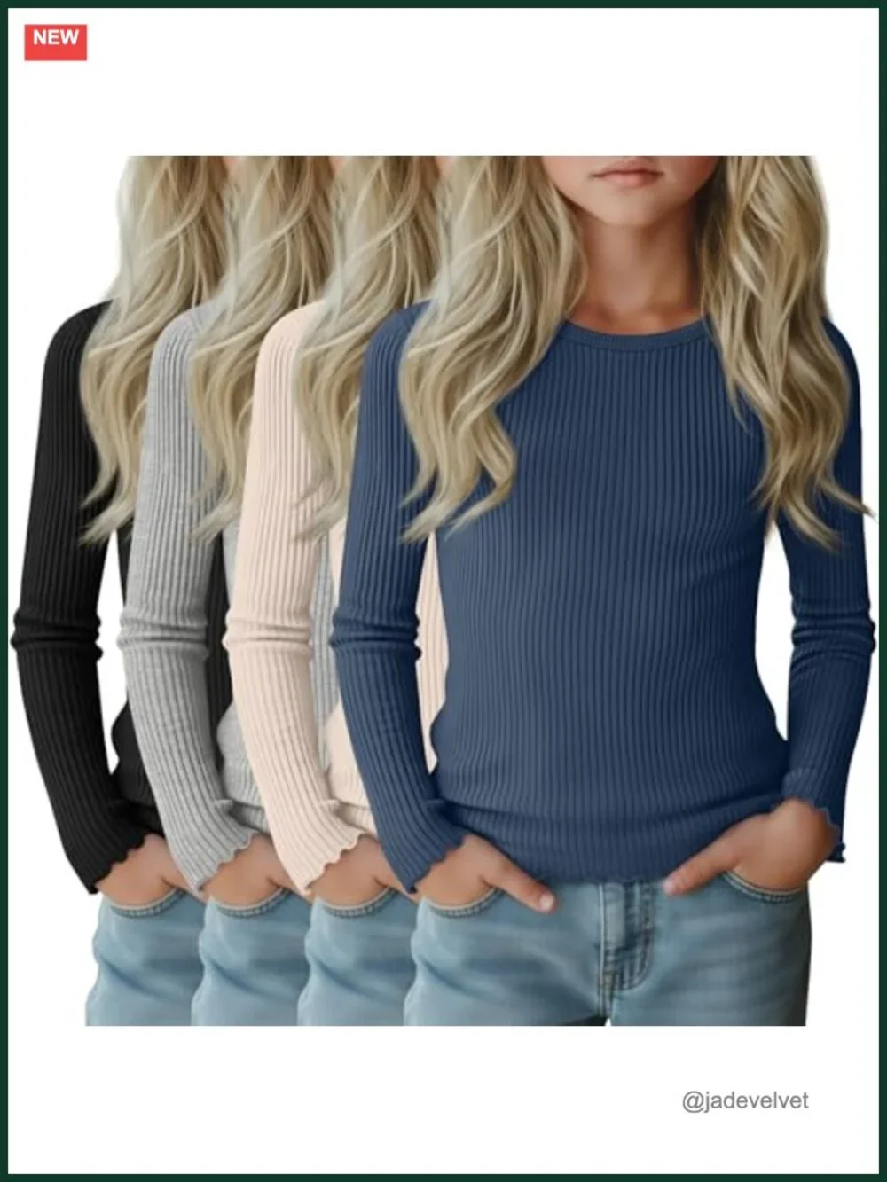 Girls 4 Pack Long Sleeve Ribbed Knit Tops Crew Neck Lettuce Trim Tee Shirts